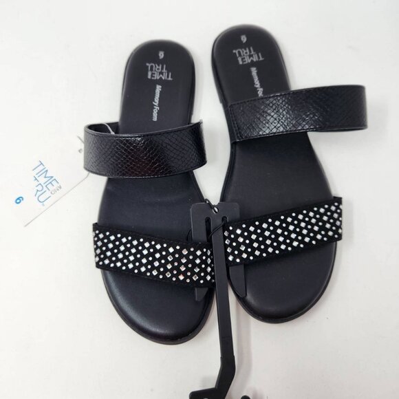 Time And Tru Women's Black Jeweled 2 Band Sandals Size 6 Memory Foam Black - Picture 1 of 10